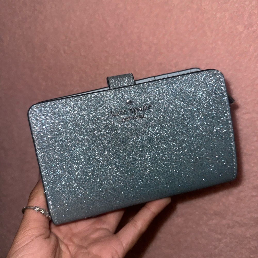 kate spade metallic teal glitter clutch